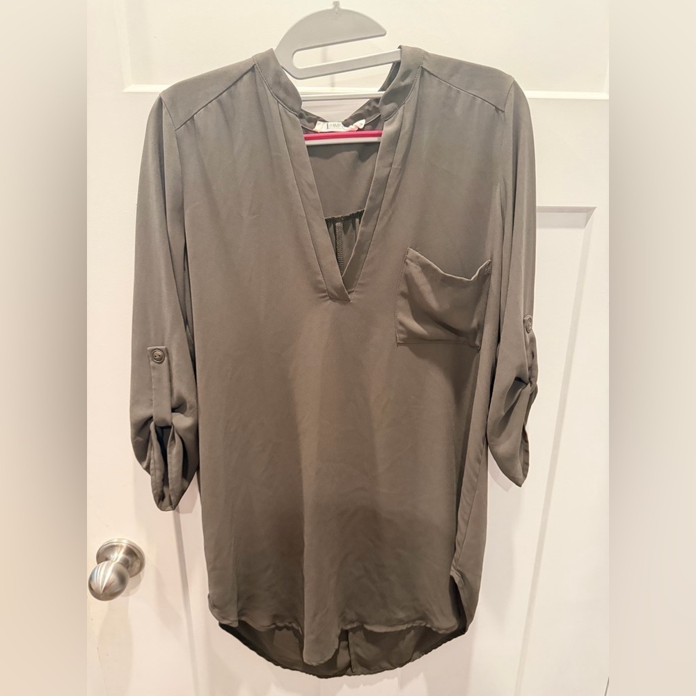 Lush Olive Green Tunic Blouse Split Neck Roll Tab Sleeves Size S
